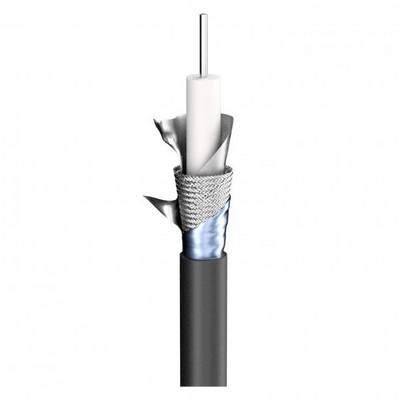 Une coupe transversale d'un câble coaxial montre un conducteur central en cuivre, une mousse isolante, un blindage métallique et une gaine externe en plastique.