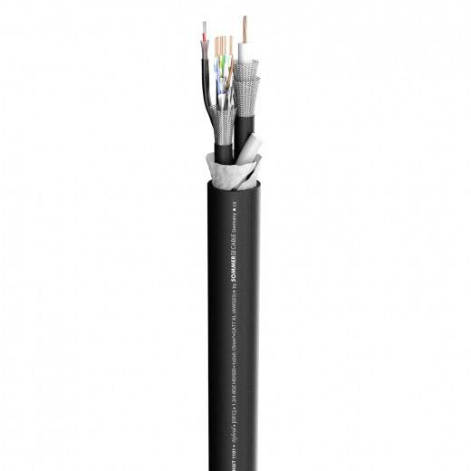 Câble noir avec plusieurs fils dénudés de différentes couleurs, partiellement enveloppé d'un tressage métallique. Adapté pour des applications électriques.