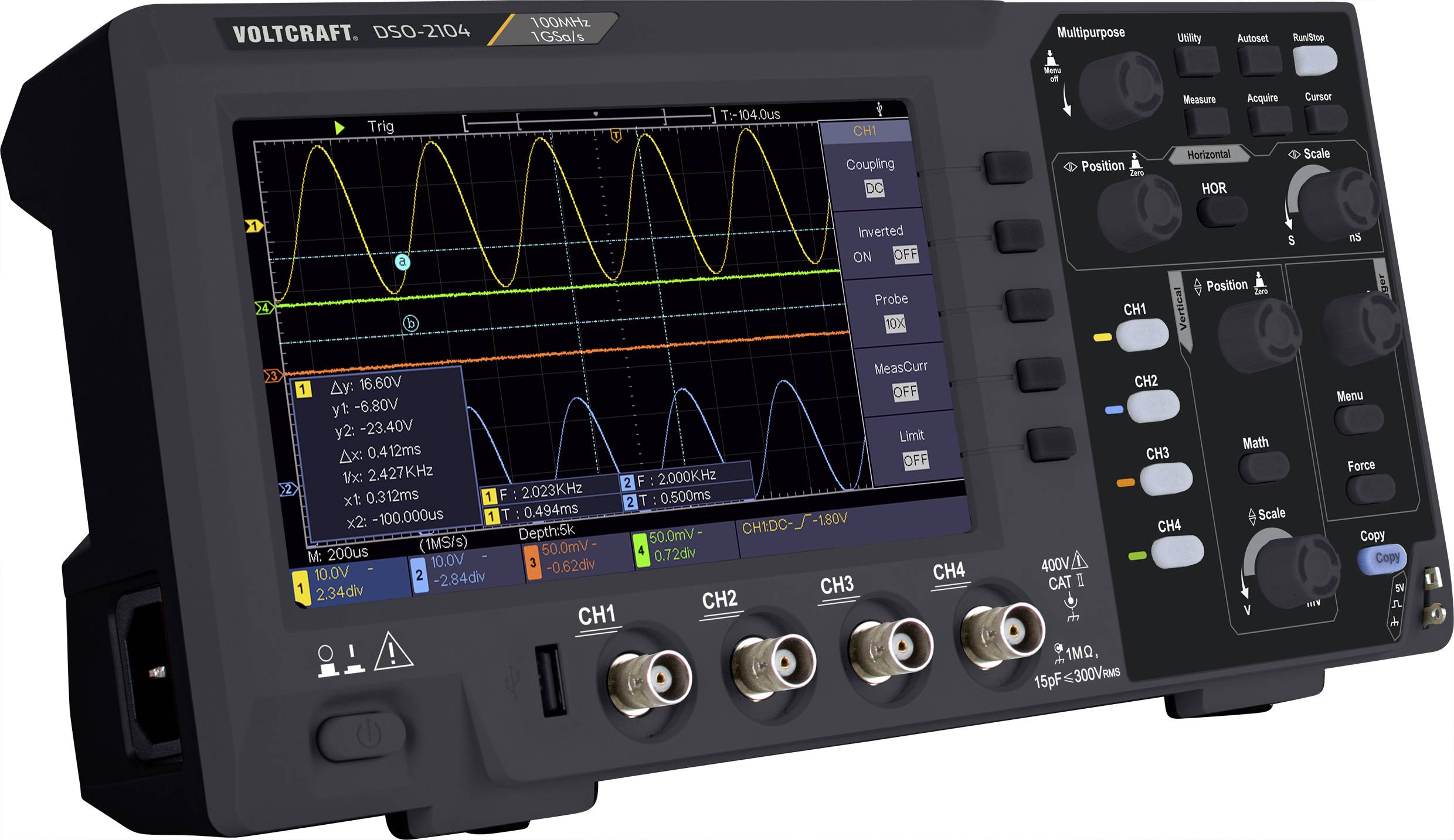 Oscilloscope avec un écran de sept pouces affichant deux ondes sinusoïdales jaunes et bleues. Boutons de commande et connexions sur la face avant.