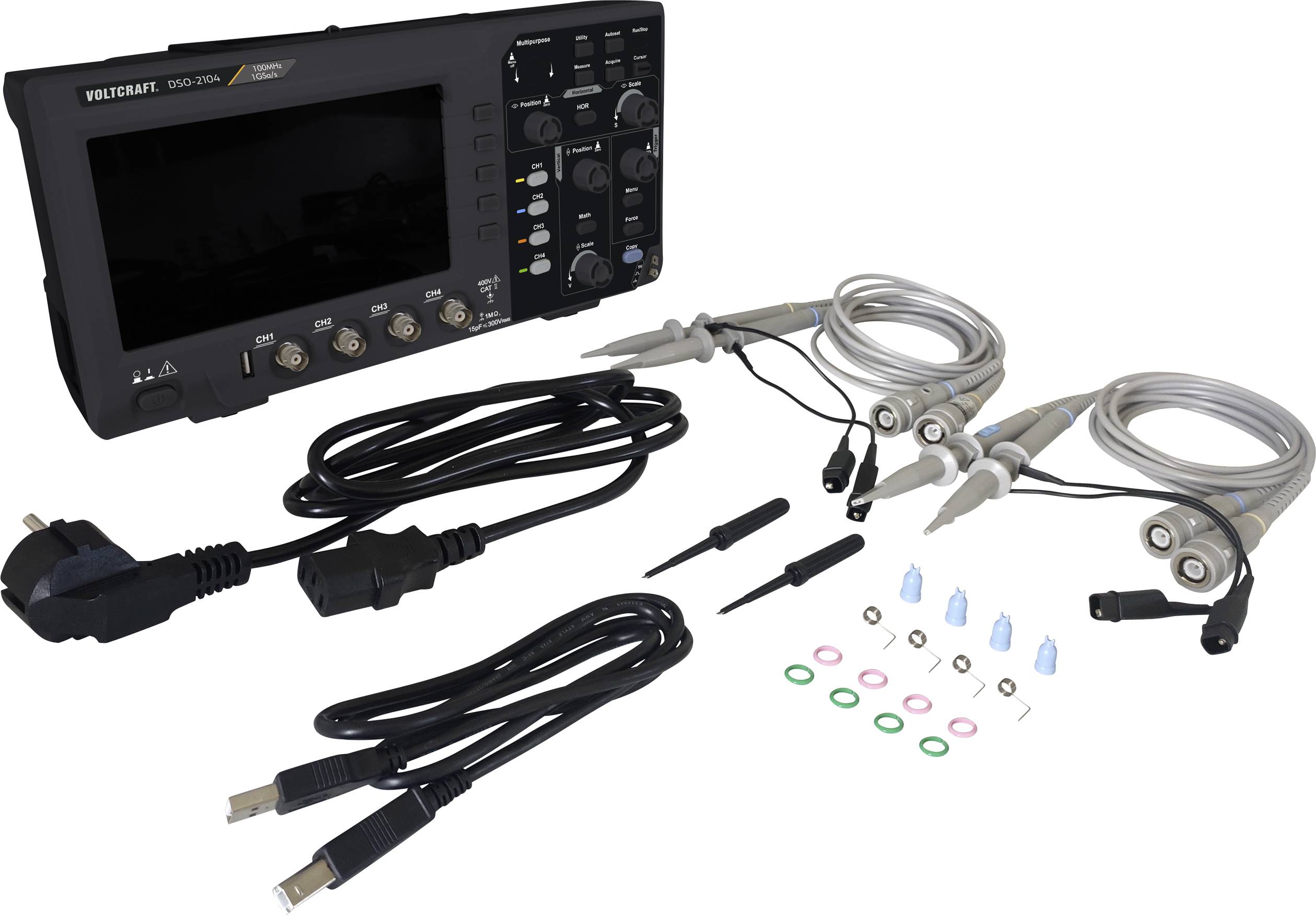 Un oscilloscope avec ses accessoires. On peut voir l'appareil principal avec plusieurs câbles de connexion, des sondes de test, un câble d'alimentation et des petits marqueurs colorés.