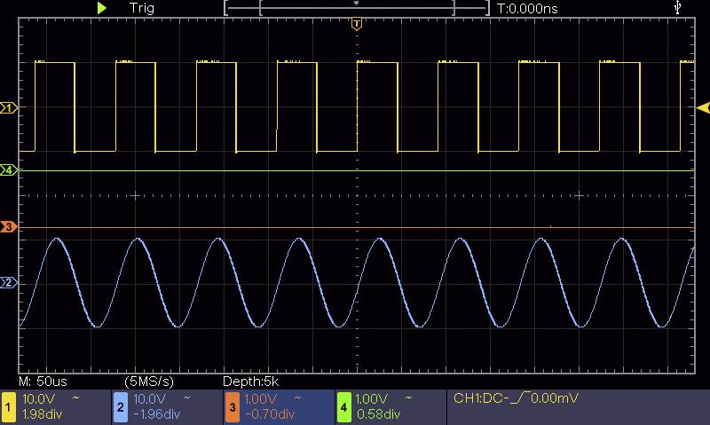 Affichage d'oscilloscope montrant deux signaux : un signal rectangulaire jaune en haut et un signal sinusoïdal bleu en bas, avec des marqueurs d'axes.