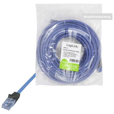 Câble Ethernet bleu, 10 mètres, emballé dans un sachet transparent. L'étiquette indique 'LogiLink'.