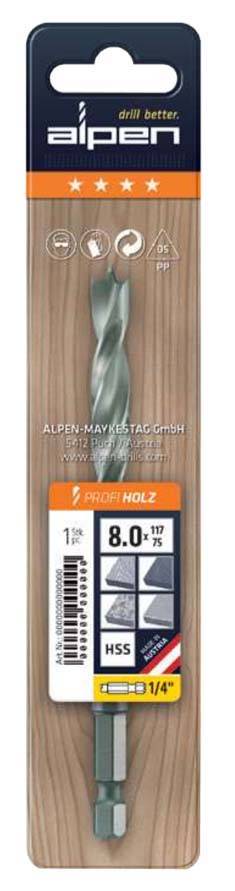 Foret à bois de la marque Alpen, diamètre de 8 mm, adapté au bois, longueur de 75 mm. Emballé dans un blister avec un fond motif bois.
