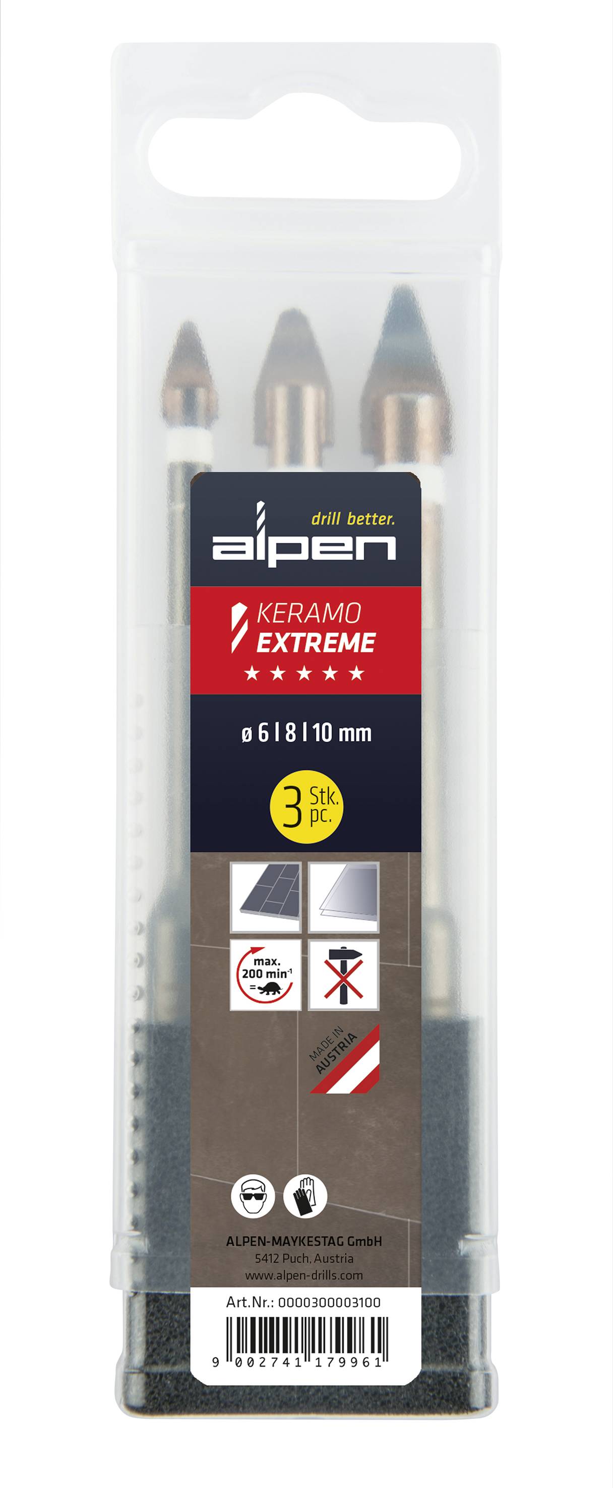 Emballage contenant trois forets 'Keramo Extreme' d'Alpen pour diamètres 6, 8 et 10 mm, adaptés aux matériaux durs.