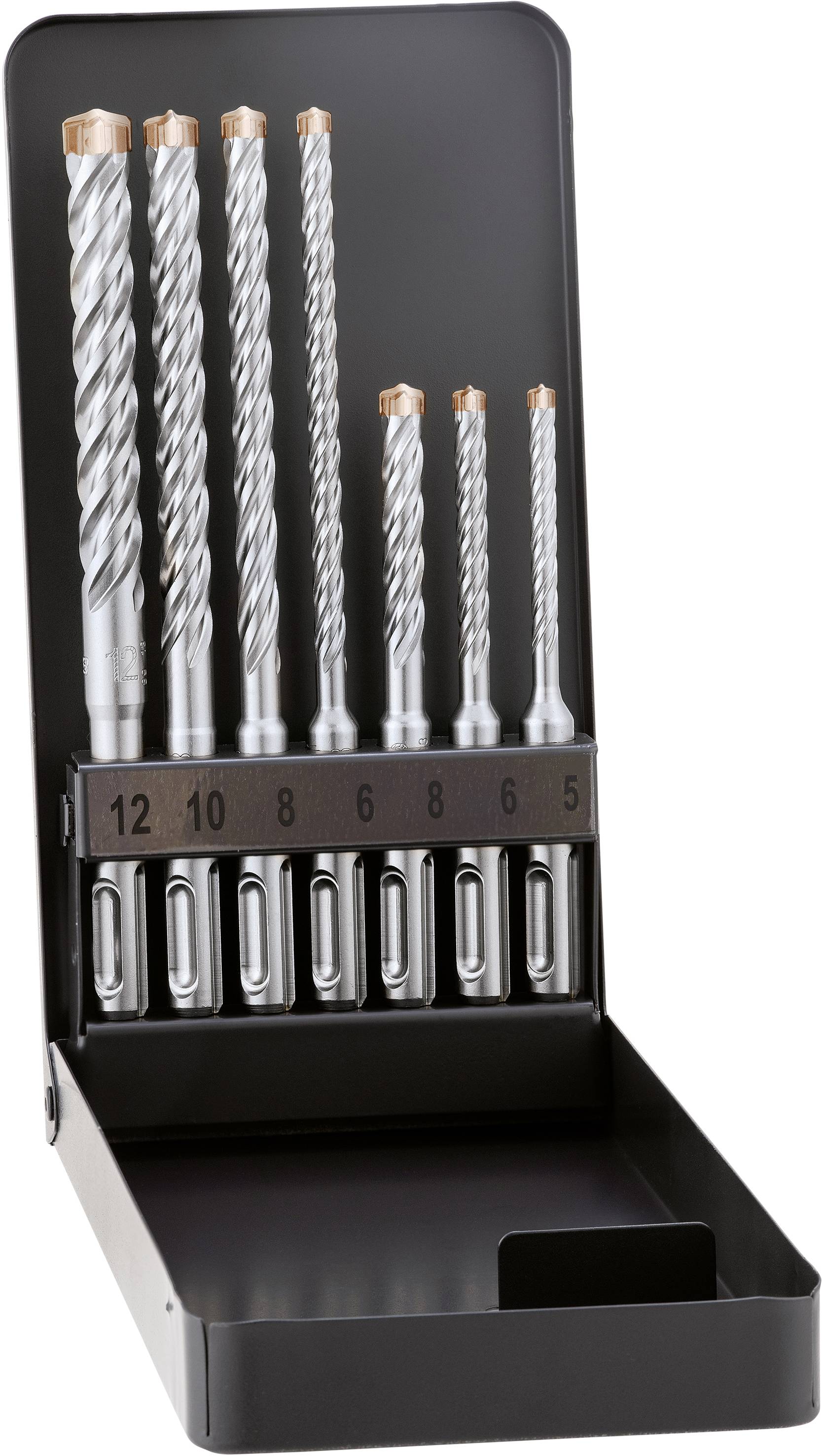 Jeu de forets en métal de différentes tailles, de 5 à 12 mm, dans un coffret de rangement.