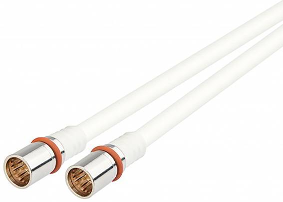 Deux câbles coaxiaux blancs avec des connecteurs argentés et des accents orange.