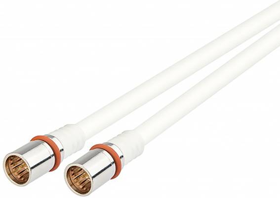 Deux câbles coaxiaux blancs avec des connecteurs métalliques et des bagues rouges, utilisés pour les connexions TV ou internet.