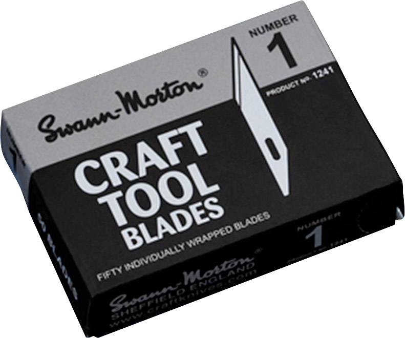Une boîte noire portant l'inscription 'Swann-Morton Craft Tool Blades'. Contient 50 lames individuellement emballées, numéro de produit 1241.