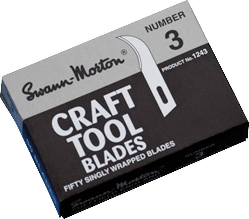Un emballage de lames artisanales 'Swann-Morton', numéro 3, portant l'inscription 'Craft Tool Blades, Fifty Singly Wrapped Blades'.