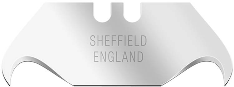 Lame de rasoir marquée 'Sheffield England', de couleur argentée, design symétrique avec deux tranchants acérés.