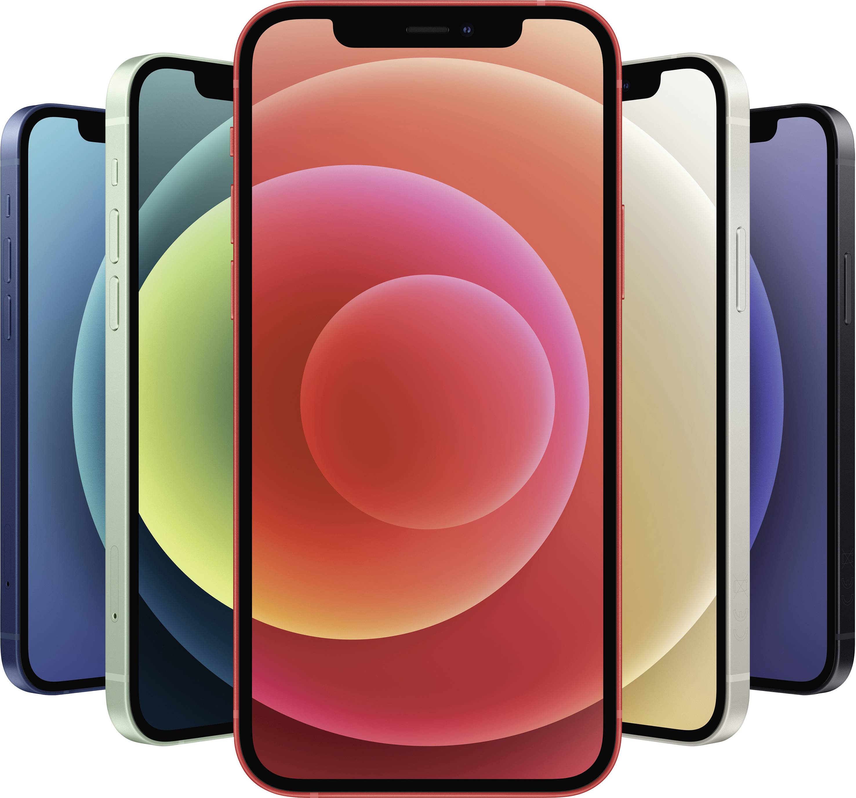 Plusieurs smartphones de différentes couleurs, disposés en éventail, montrent leur face avant avec des écrans lumineux.