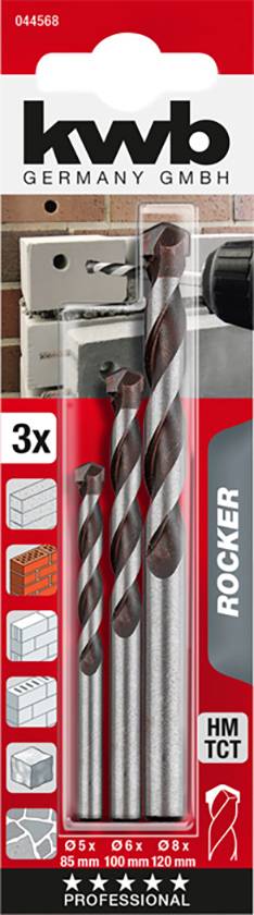 'Trois forages pour béton, maçonnerie et briques avec des tailles de 5, 6 et 8 mm dans un emballage de KWB Germany, modèle Rocker.'
