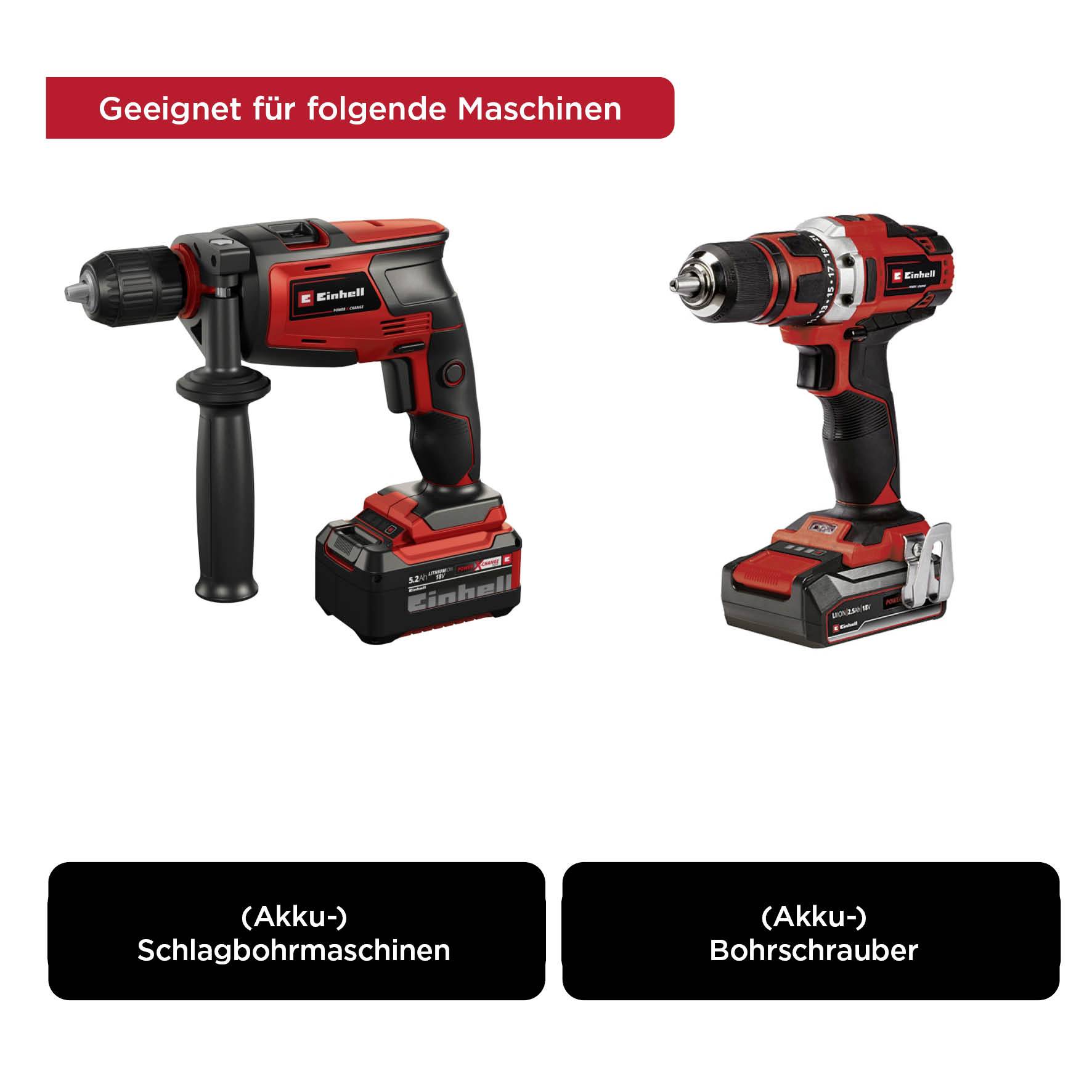Convient pour les machines suivantes : Sur l'image, on voit une perceuse-visseuse à batterie et un visseuse-perceuse, tous deux en rouge et noir.