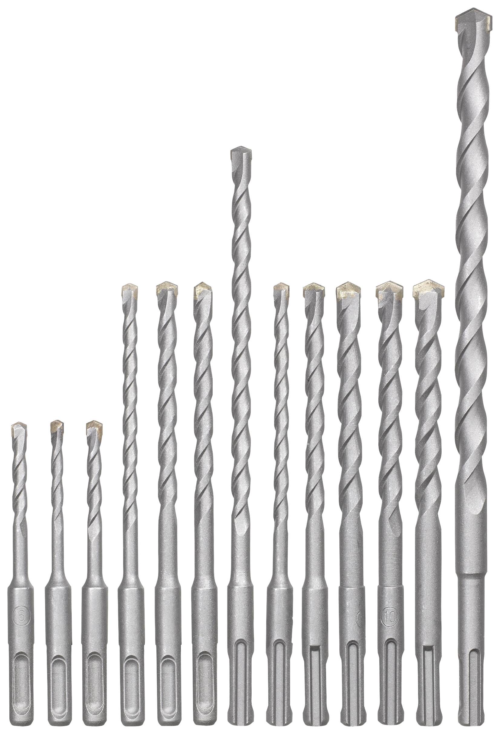 Une série de quatorze forets SDS de différentes longueurs et diamètres pour le perçage de pierre ou de béton.