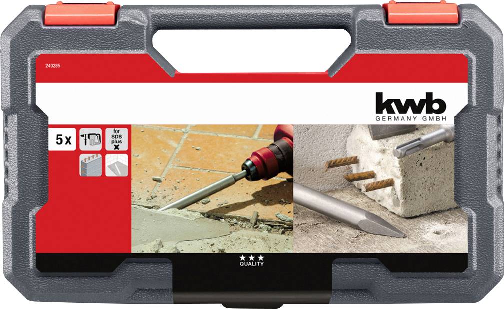 Une boîte à outils contenant cinq burins, adaptés aux marteaux perforateurs SDS-plus. L'illustration montre leur utilisation pour enlever des carrelages et travailler le béton.