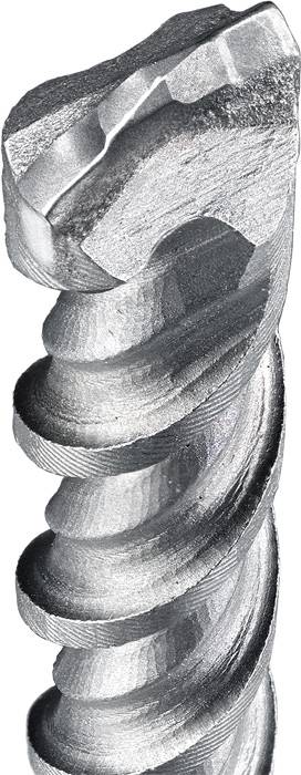 Gros plan d'un foret métallique avec des rainures en spirale, mettant en évidence les détails de sa pointe et de sa structure.