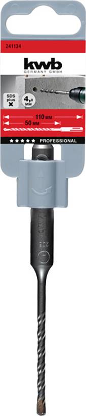 Foret SDS Plus de KWB, longueur 110 mm, diamètre 5 mm, adapté pour le béton. L'emballage présente une photo du produit et le nom de la marque.