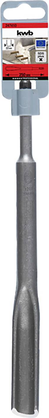 Un foret dans un emballage en plastique avec un trou de suspension. L'emballage présente le logo 'kwb' et des symboles de crayon.