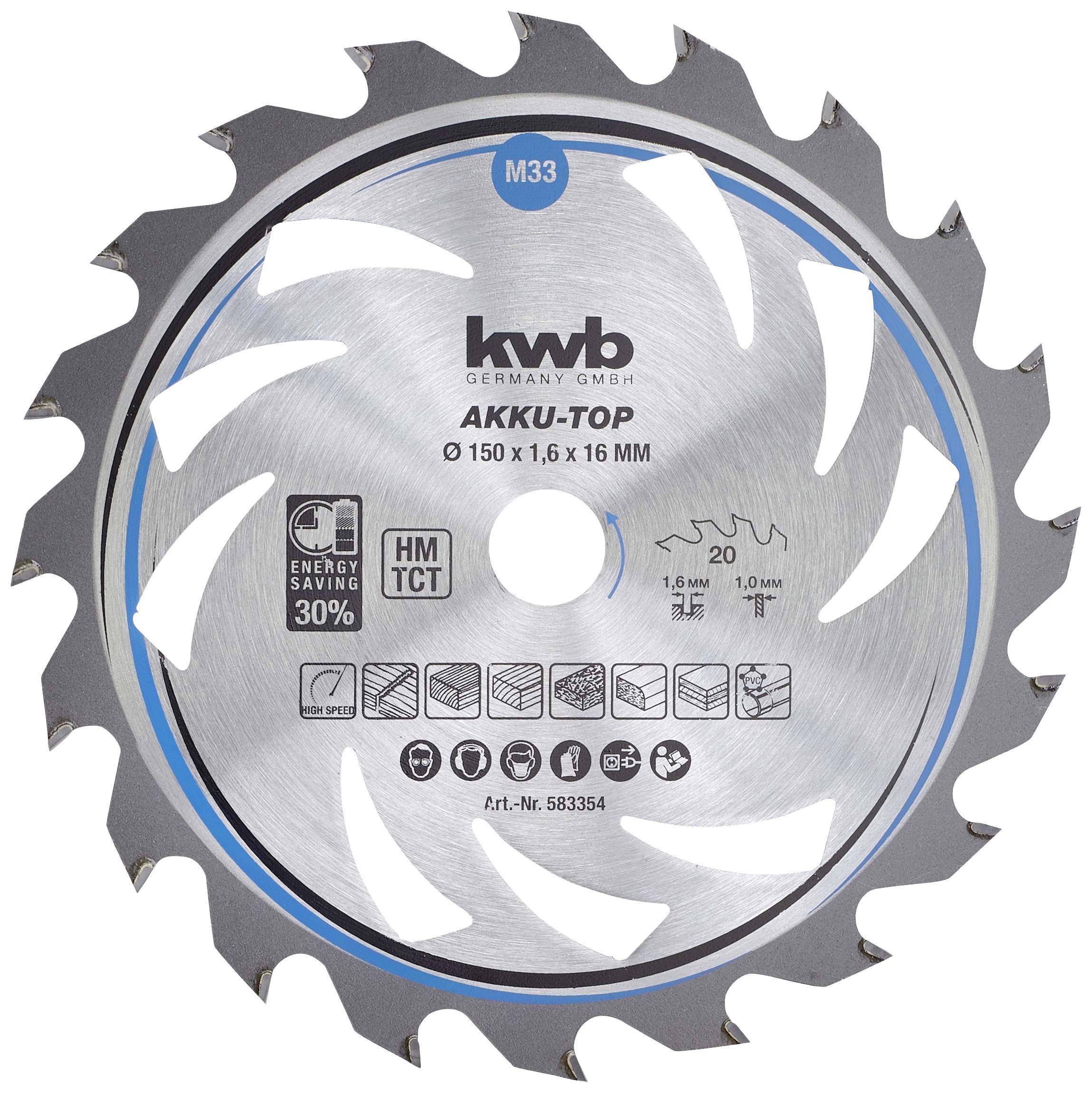 Lame de scie circulaire de la marque kwb, modèle 'AKKU-TOP', 150 x 1,6 x 16 mm, 20 dents, puissance augmentée de 30%, adaptée pour le bois et le métal.