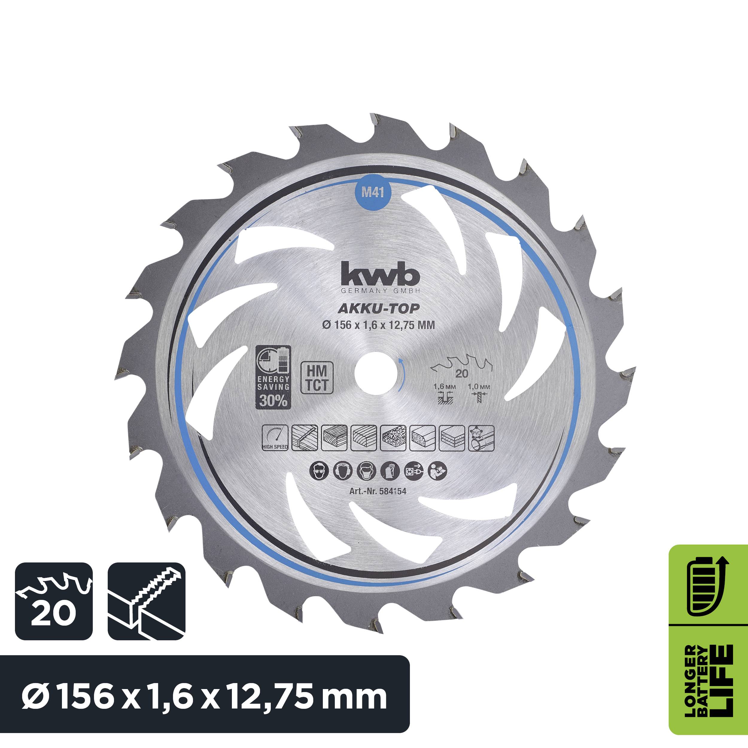 Lame de scie de 156 mm de diamètre avec un alésage de 12,75 mm. Adaptée au bois et au métal, robuste et spécialement conçue pour les appareils à batterie haute performance.