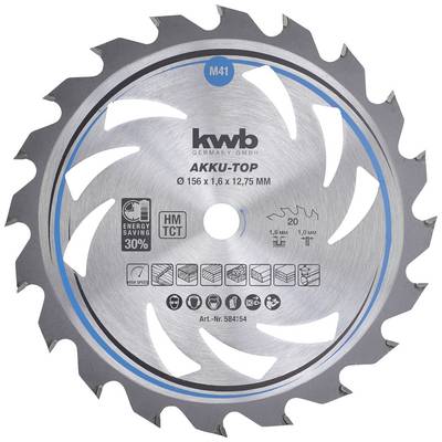 Lame de scie circulaire avec l'inscription 'kwb', diamètre 156 mm. Adaptée pour le bois. Remarque : 30 % plus efficace énergétiquement.