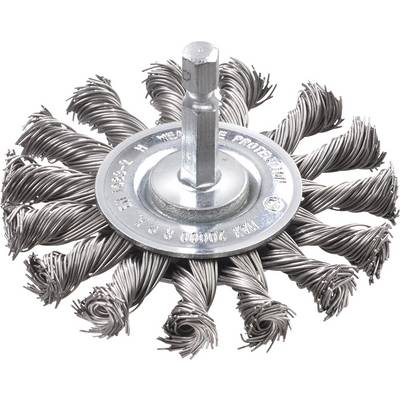 Une brosse métallique ronde avec des poils torsadés et un support en métal. Généralement utilisée pour des travaux de nettoyage industriels.