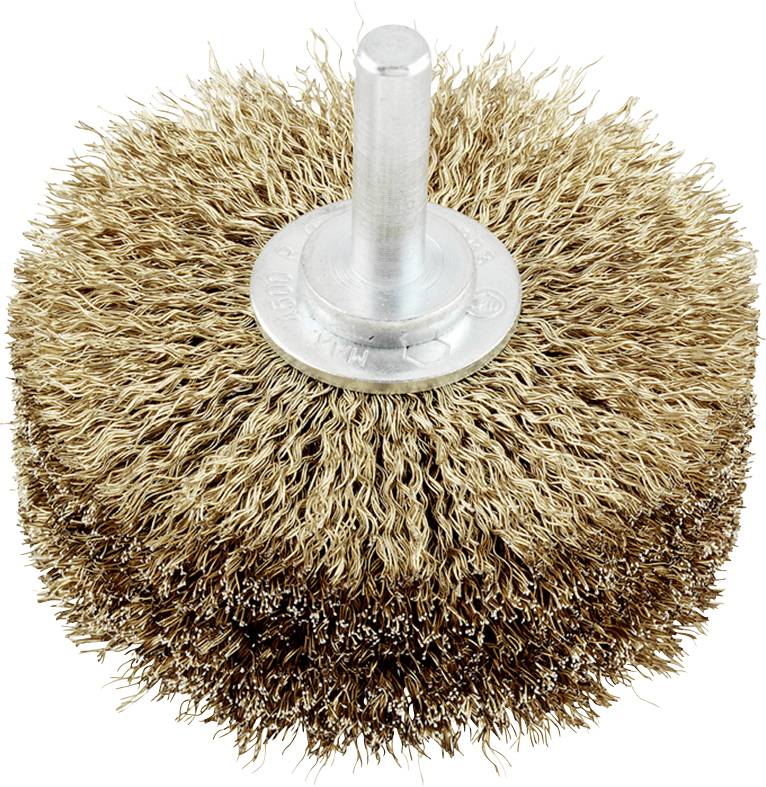 Brosse métallique ronde à poils denses et ondulés, avec un axe central pour la fixation, destinée à des travaux de nettoyage ou de ponçage.
