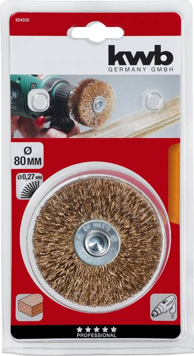 Emballage d'une brosse métallique pour perceuse de 'kwb Germany'. Diamètre : 80 mm, épaisseur de fil : 0,27 mm. Adaptée pour le bois.