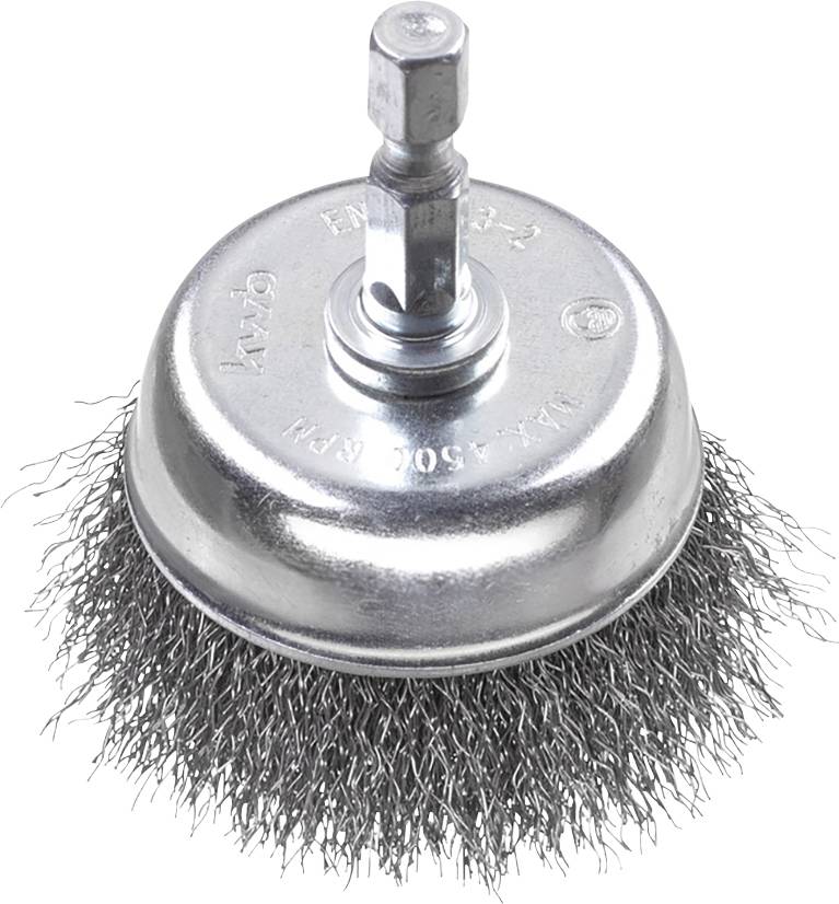 Un embout de brosse métallique circulaire avec des poils en fil métallique. Adapté aux perceuses pour éliminer la rouille ou la peinture.