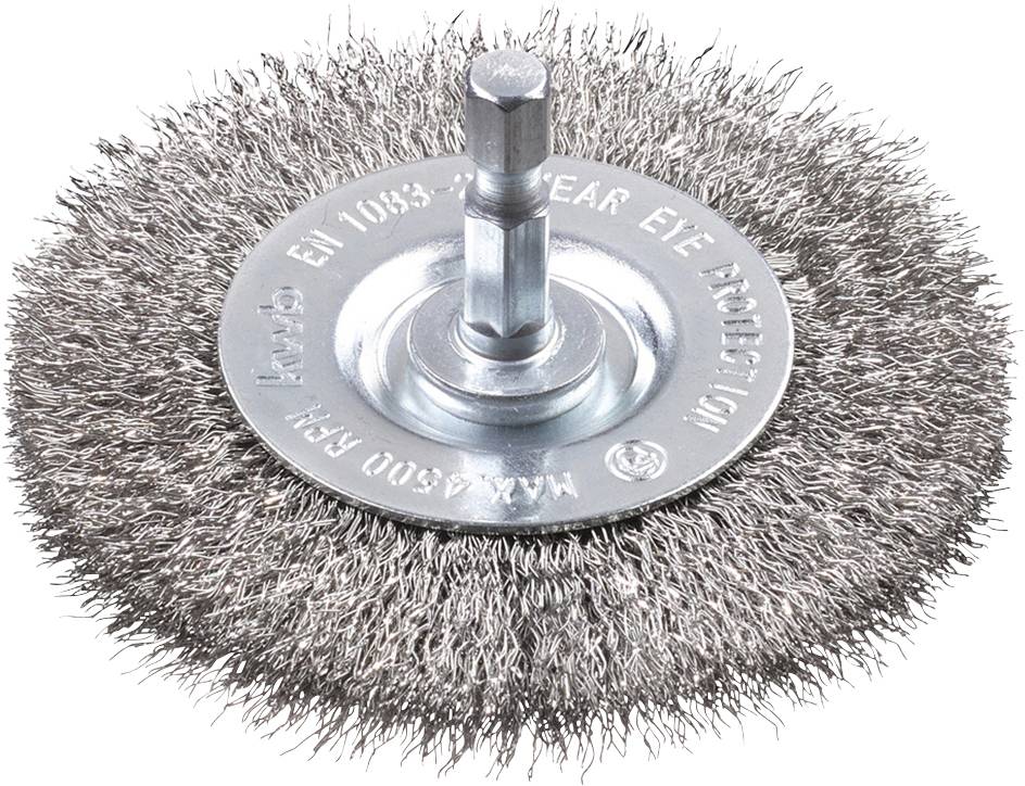 Brosse métallique à tête ronde en métal avec des poils serrés, adaptée au nettoyage et à la préparation de surfaces.