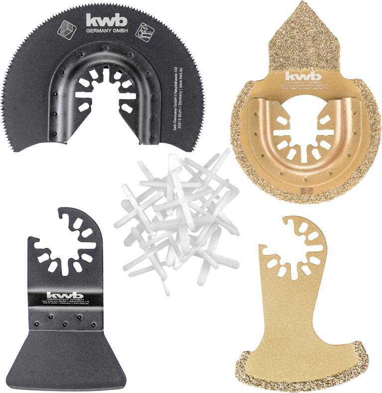 Différentes lames de scie oscillantes et accessoires de la marque KWB, adaptés aux outils multifonctions pour des projets de bricolage.