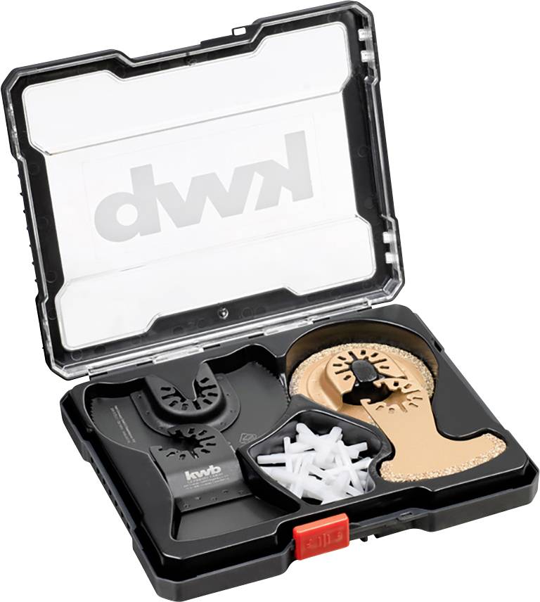 Une mallette à outils ouverte contenant différentes lames de scie et accessoires, avec le nom de marque 'kwb' visible sur le couvercle du coffret.