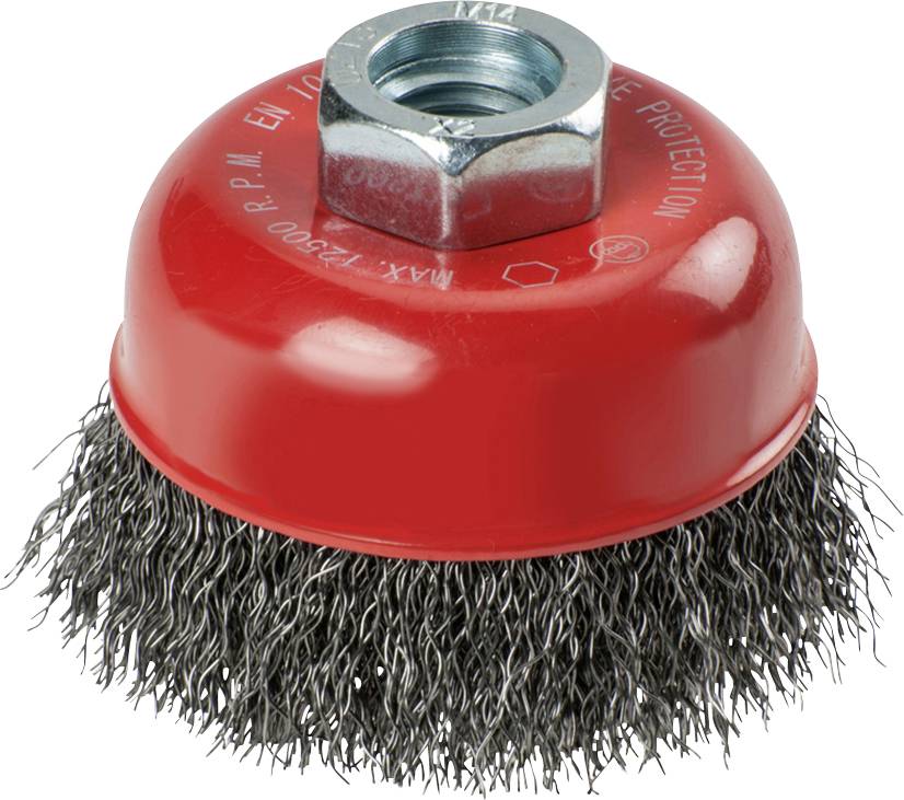 Brosse de ponçage rouge avec poils métalliques et embout hexagonal, adaptée au nettoyage de surfaces ou à l'élimination de la rouille.