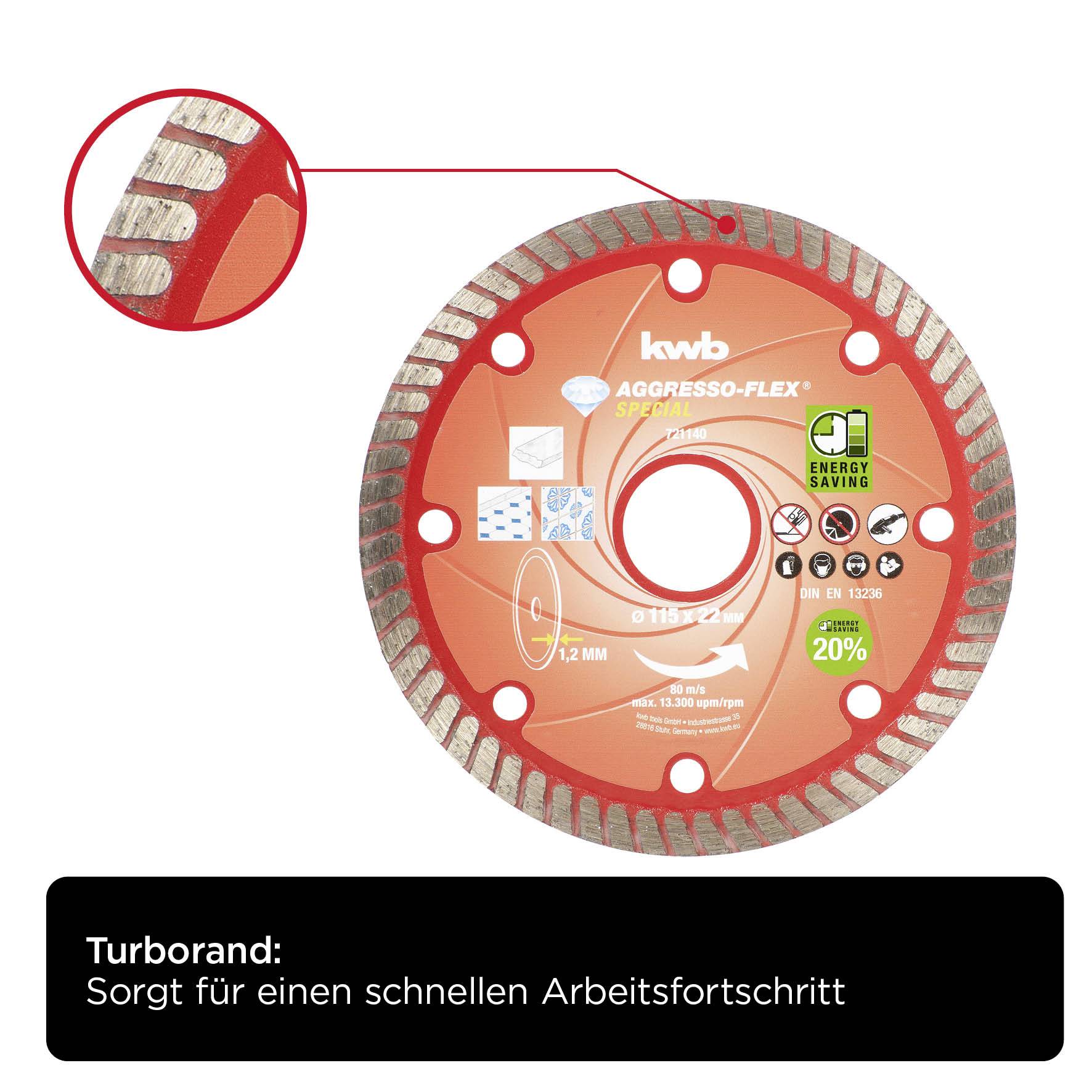 Une disque de coupe diamanté rouge de KWB avec bord turbo, promue pour une progression rapide du travail et des économies d'énergie, 20% d'économies.