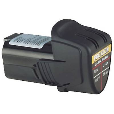 Un chargeur de batterie Proxxon noir et gris à ion lithium portant une étiquette indiquant « 10,8 V » et « 2,6 Ah ».