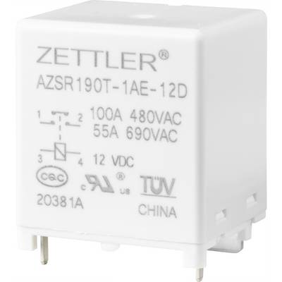 'Relais Zettler AZSR190T-1AE-12D, spécifié pour 100A 480VAC, 55A 690VAC, 12VCC, certifié TÜV, fabriqué en Chine.'