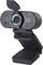 Une webcam noire avec microphone intégré et protection amovible, montée sur un support flexible.