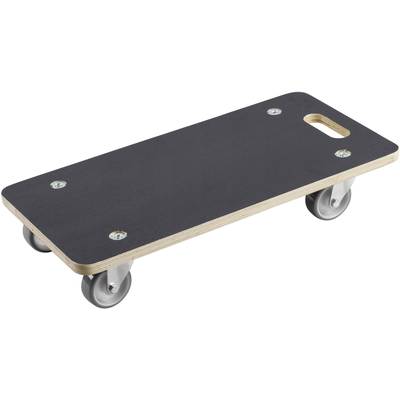 Petit chariot de transport rectangulaire à surface noire et quatre roues, adapté au transport de charges à l'intérieur.