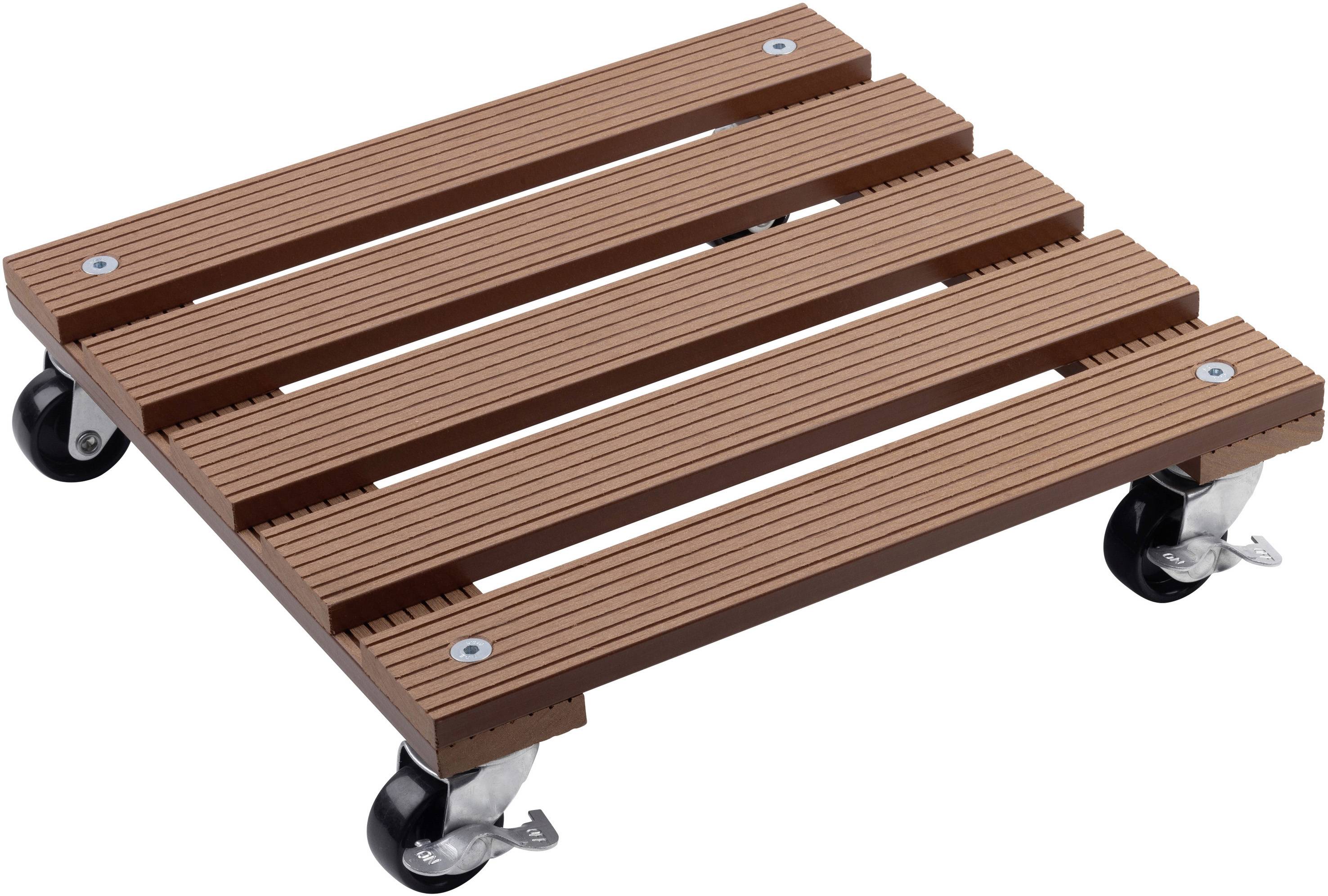 Chariot en bois pour plantes avec quatre roues noires, adapté pour le transport facile des pots et des contenants de plantation.