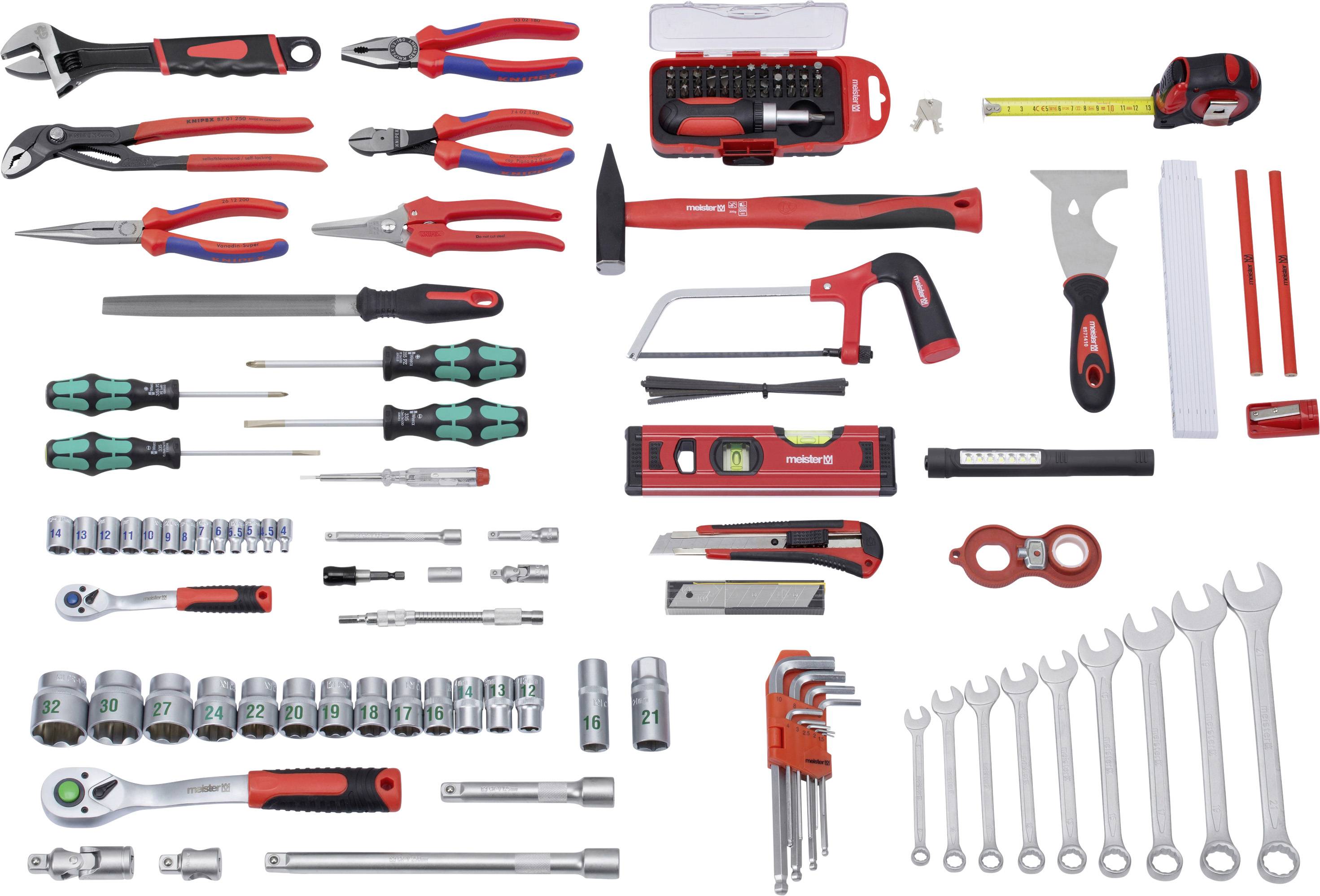 Divers outils à main sur fond blanc, dont des pinces, des tournevis, des clés à molette, des jeux de clés à cliquet et une scie.