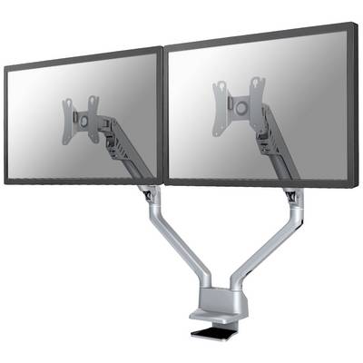 Deux supports d'écran avec bras ajustables, montés sur un bureau. Écrans non inclus. Adaptés aux postes de travail ergonomiques.