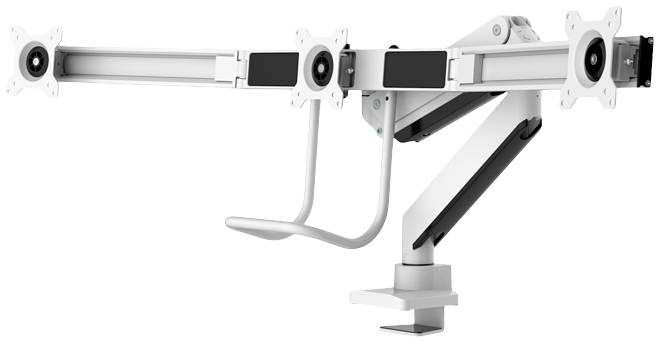 Support de moniteur à quatre bras, disposés horizontalement. Chaque bras dispose d'un support VESA pour moniteurs. Fixation par système de pince. Idéal pour les configurations multi-écrans.