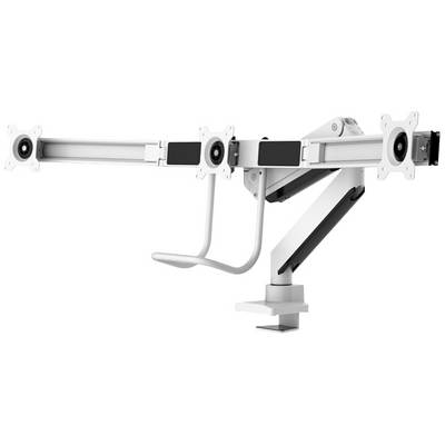 Support de moniteur à quatre bras, disposés horizontalement. Chaque bras dispose d'un support VESA pour moniteurs. Fixation par système de pince. Idéal pour les configurations multi-écrans.