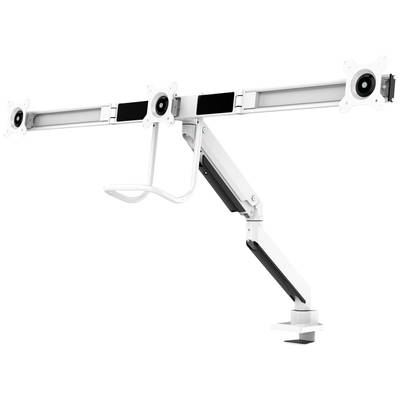 Un bras de moniteur blanc et ajustable avec trois supports pour fixer des écrans, adapté aux postes de travail ergonomiques.