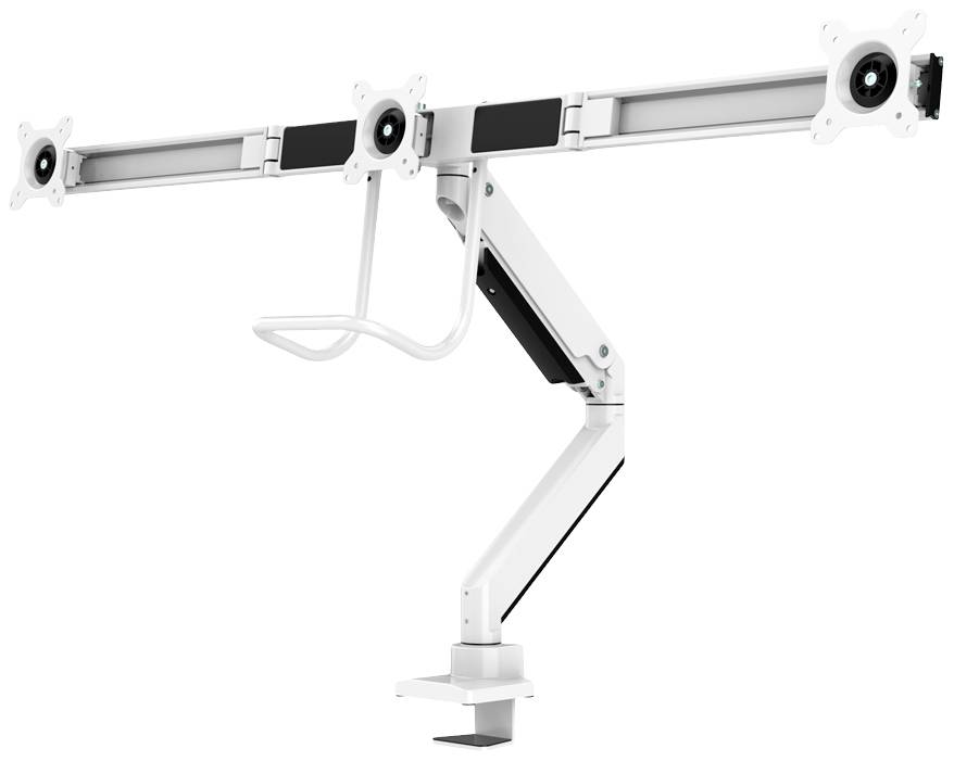 Support de moniteur à trois articulations et quatre supports VESA pour un positionnement flexible des écrans, adapté à un montage sur bureau.