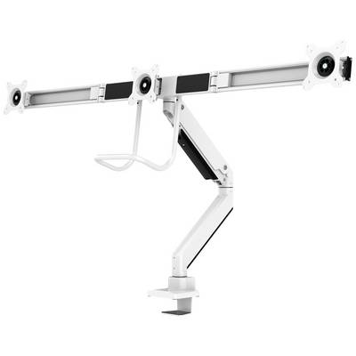 Support de moniteur à trois articulations et quatre supports VESA pour un positionnement flexible des écrans, adapté à un montage sur bureau.