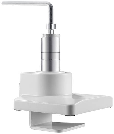 Un support de table blanc et ajustable avec un bras en métal, adapté pour fixer des appareils sur le bord d'une table.