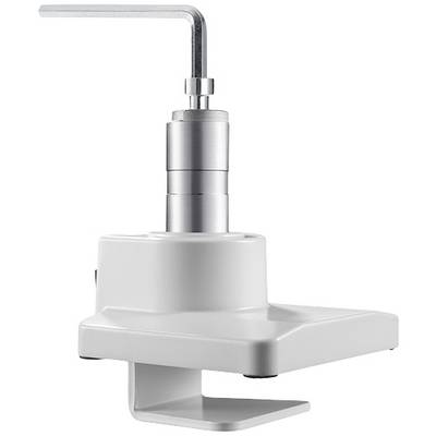 Un support de table blanc et ajustable avec un bras en métal, adapté pour fixer des appareils sur le bord d'une table.