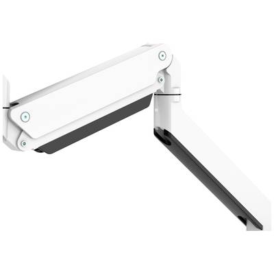 Un bras blanc et ajustable d'un support, adapté aux moniteurs ou à d'autres appareils, pointe vers le haut et sur le côté.
