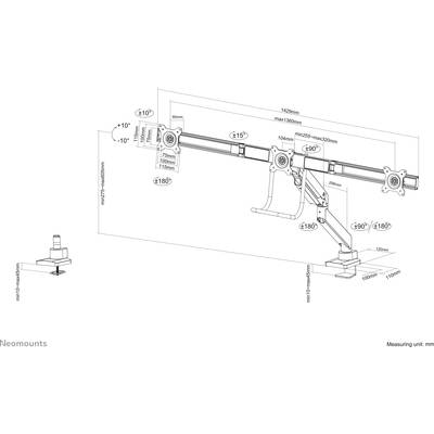 Dessin d'un bras de moniteur neomounts avec dimensions et possibilités de réglage. Le bras est pivotant, inclinable et rotable. Unité de mesure : mm.